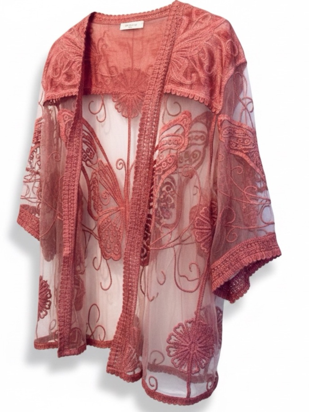 Simply Couture Dusty Rose Sheer Embroidered Kimono Boho Lace NWOT